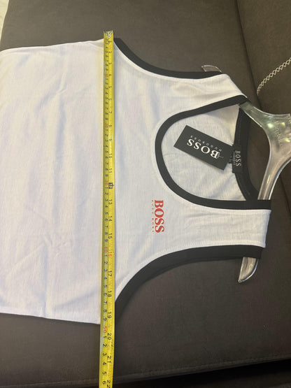 Hugo Boss white tank top with black trim and red logo detail