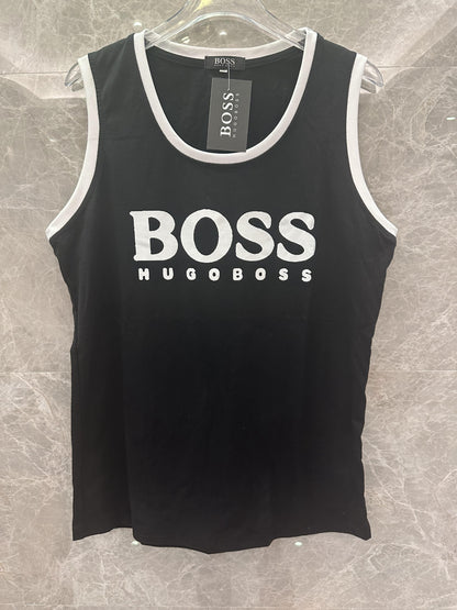 Hugo Boss black tank top with white contrast trim and logo print