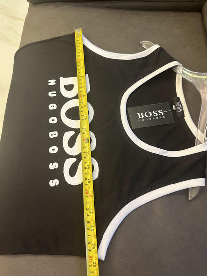 Hugo Boss black tank top with white contrast trim and logo print