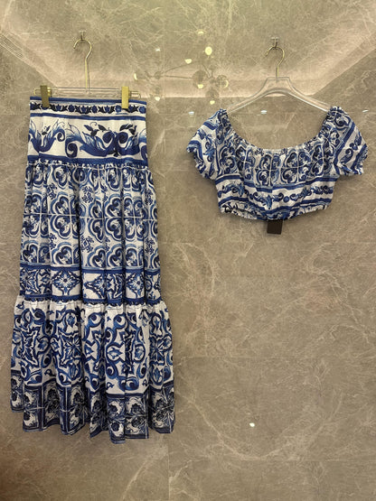 Dolce & Gabbana blue & white majolica print crop top & midi skirt set