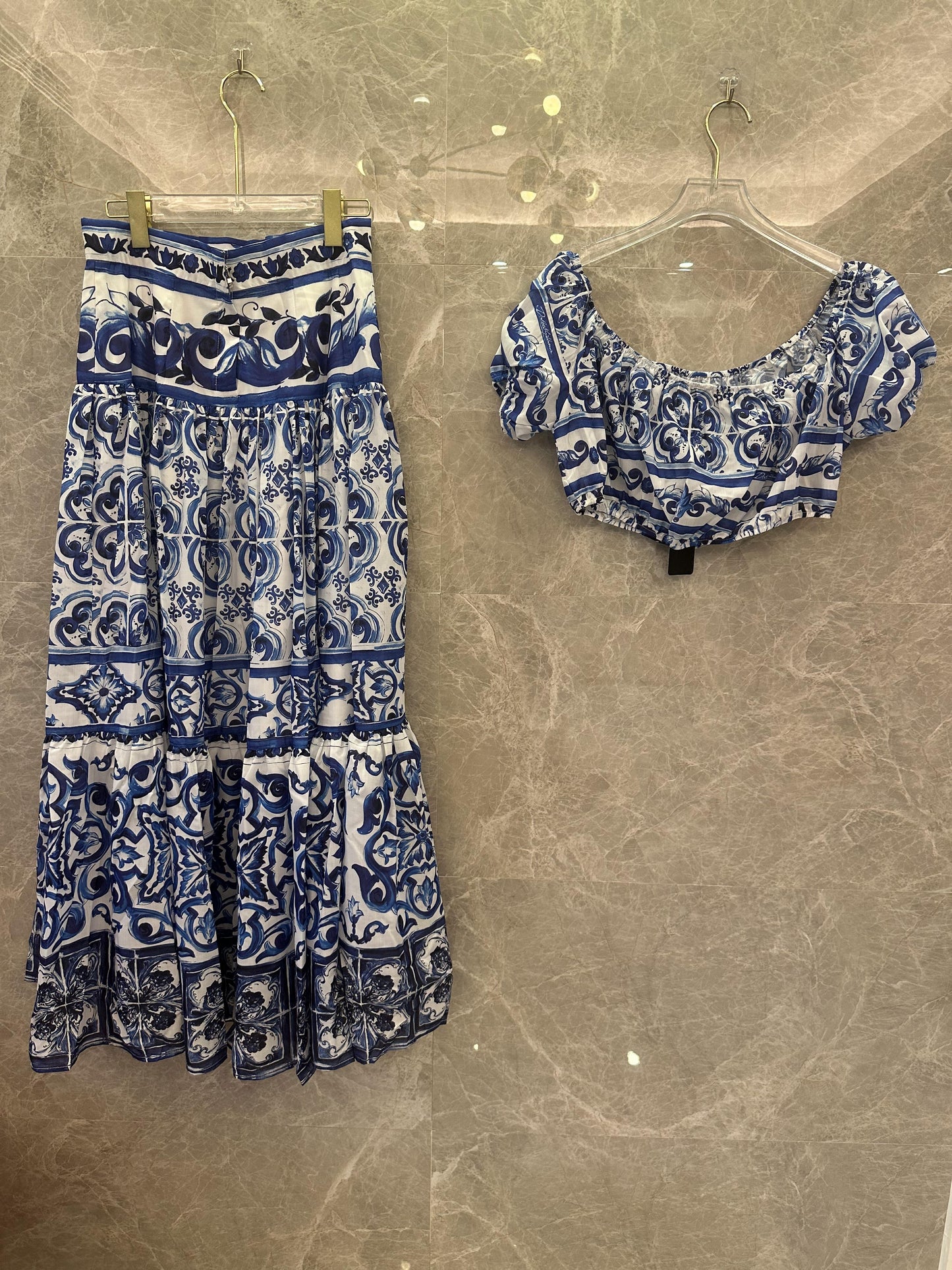 Dolce & Gabbana blue & white majolica print crop top & midi skirt set