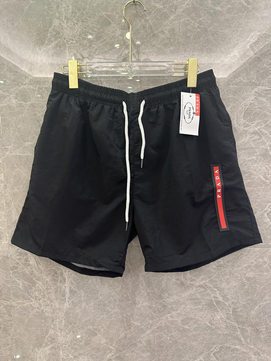 Prada black nylon logo stripe swim shorts