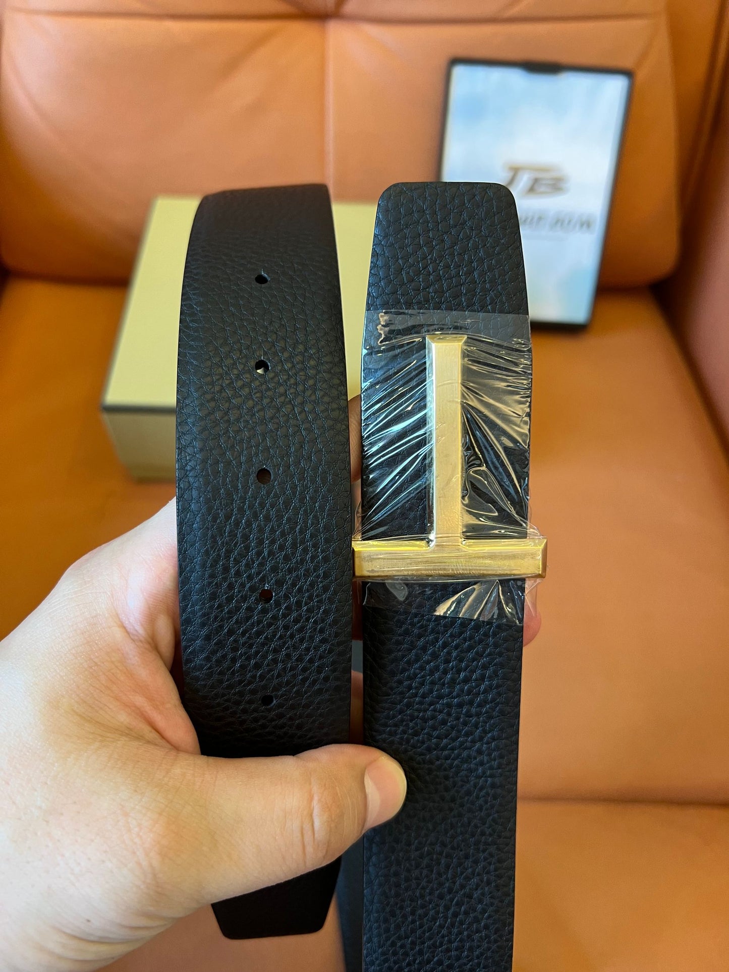 Tom Ford black leather belt with gold T buckle