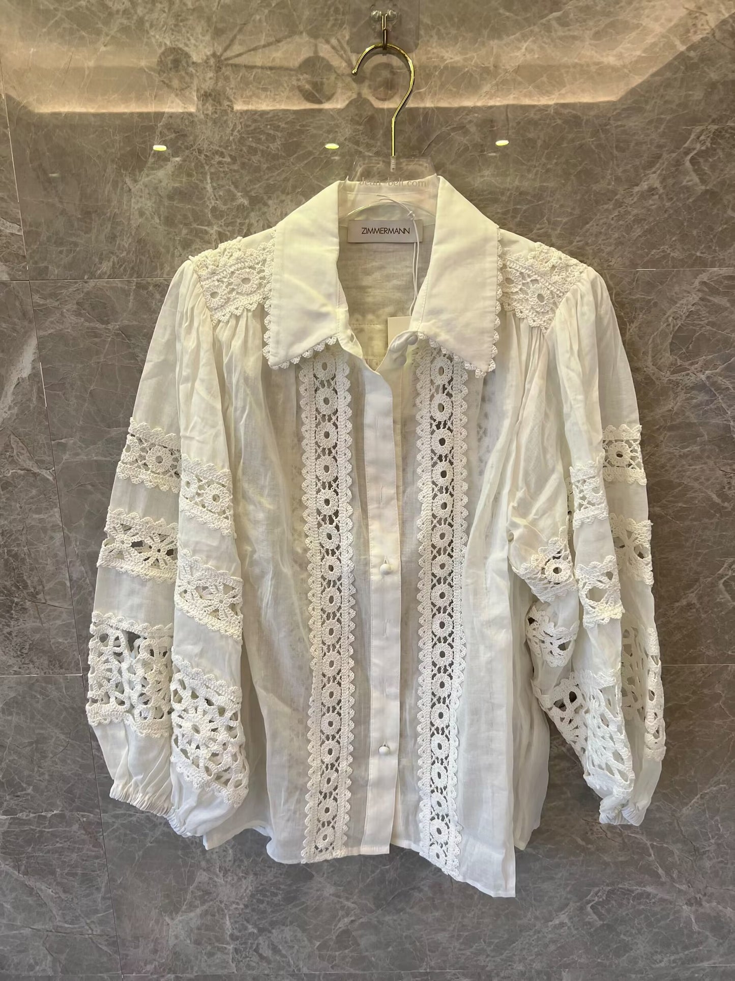 Zimmermann white lace detail blouse with embroidered sleeves