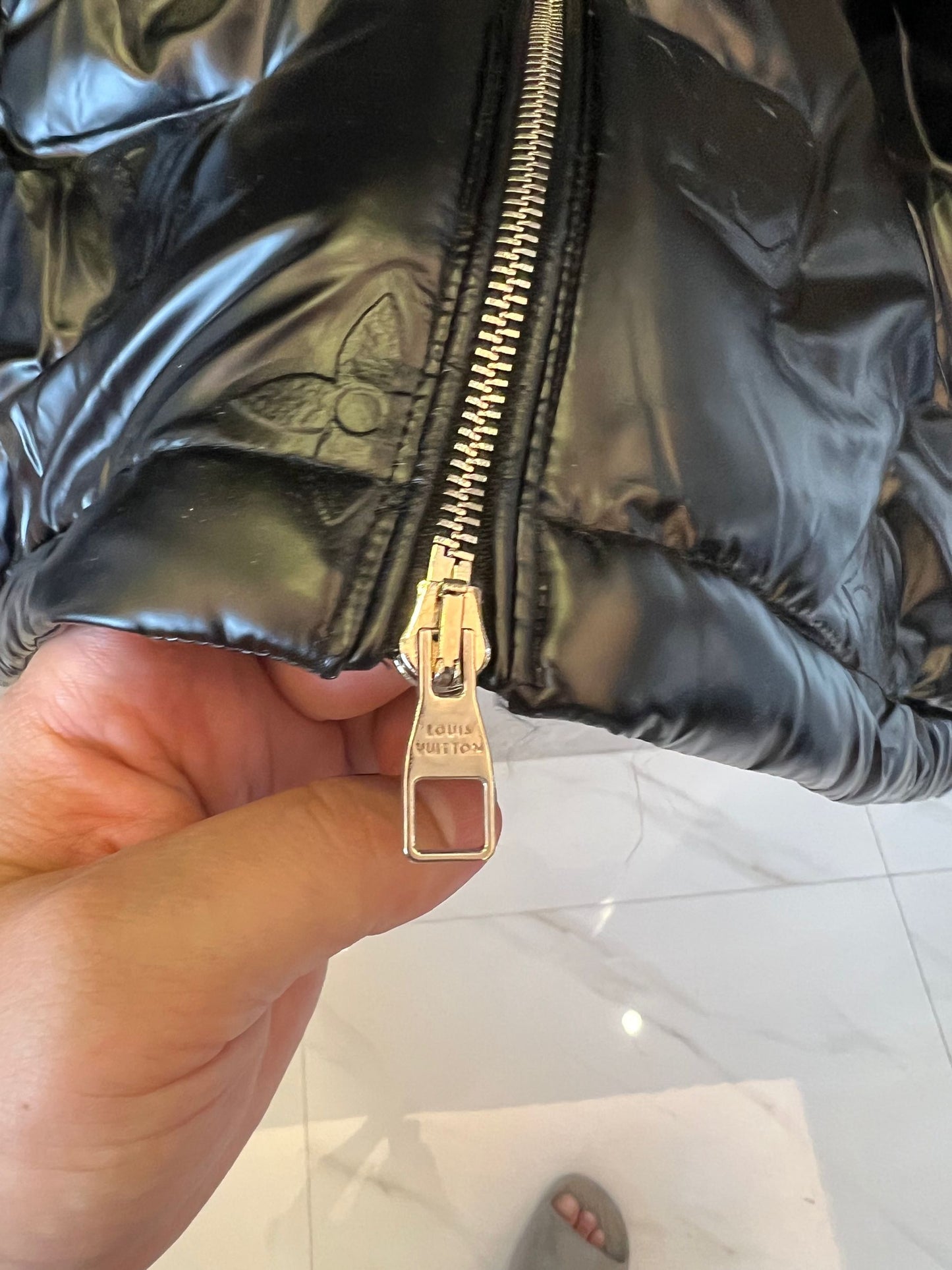 Louis Vuitton black monogram embossed glossy puffer jacket