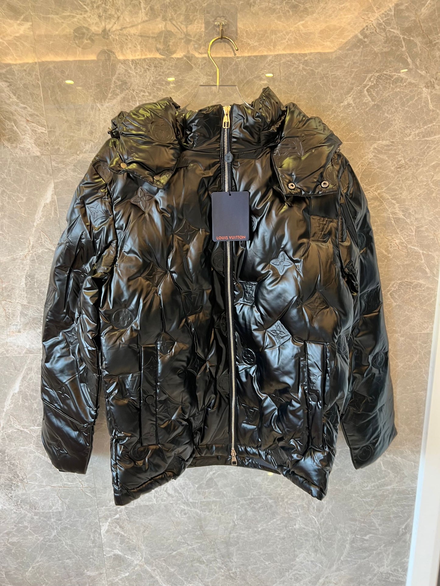 Louis Vuitton black monogram embossed glossy puffer jacket