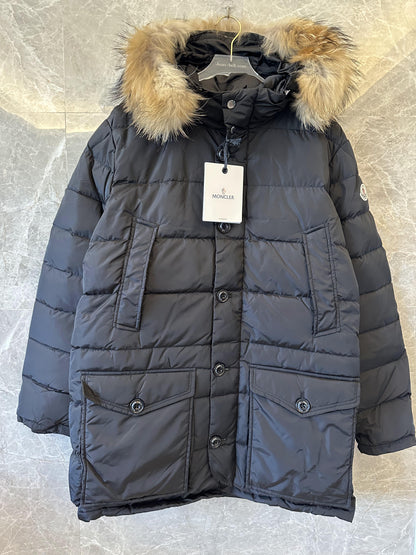 Moncler black down parka with fur-trim hood