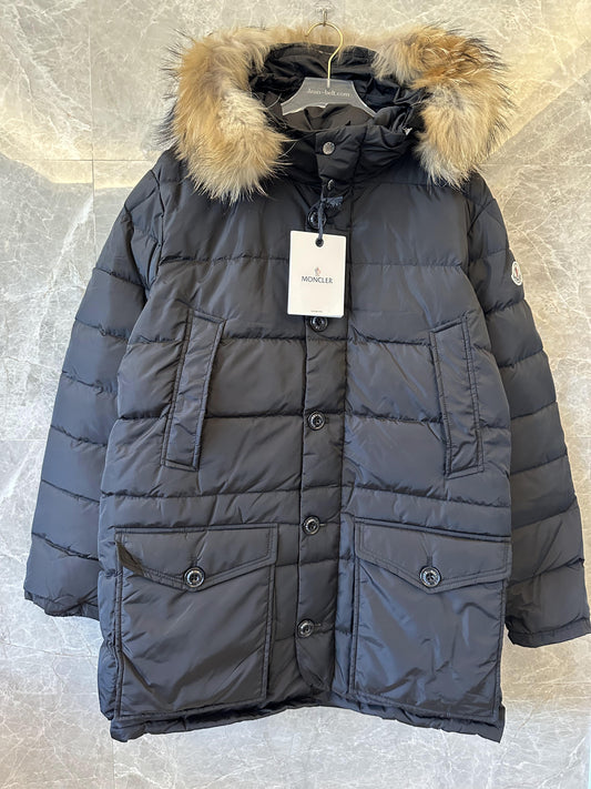 Moncler black down parka with fur-trim hood