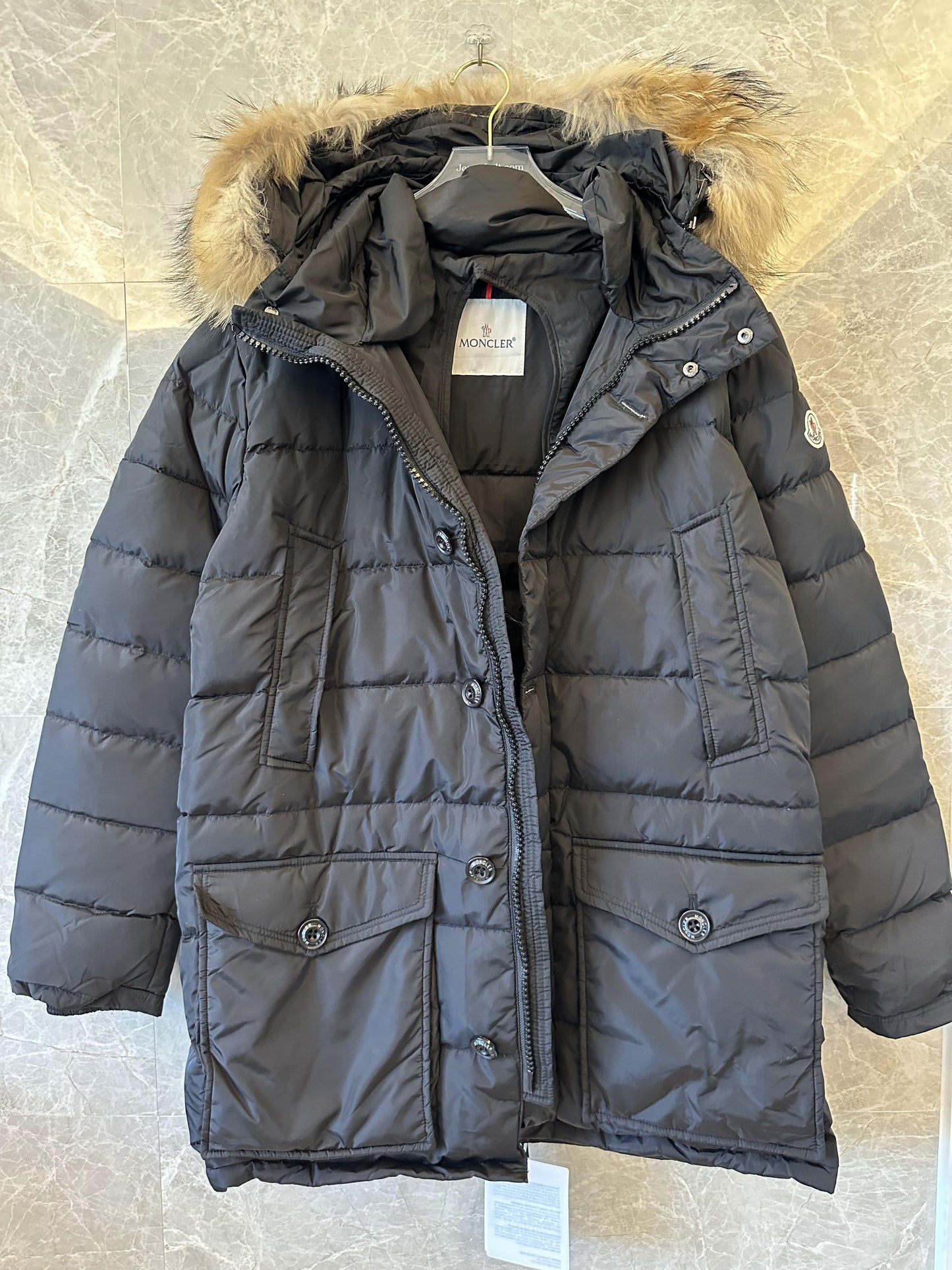 Moncler black down parka with fur-trim hood