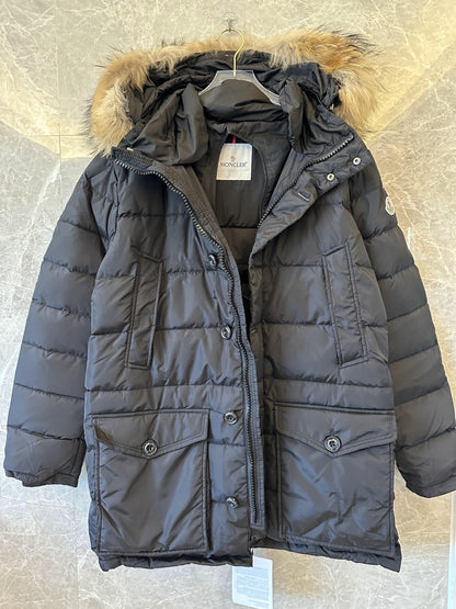 Moncler black down parka with fur-trim hood