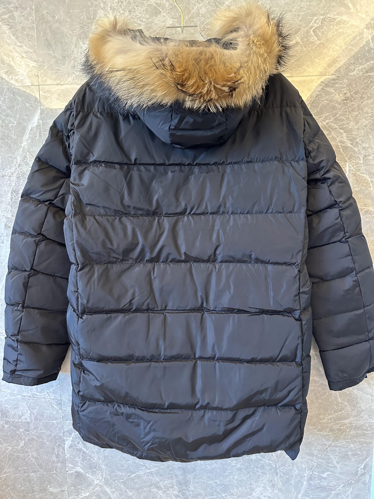 Moncler black down parka with fur-trim hood