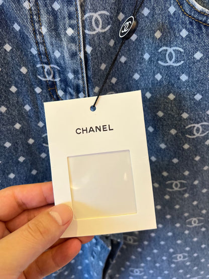 Chanel monogram denim pants with polka dot pattern