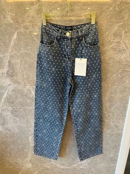 Chanel monogram denim pants with polka dot pattern