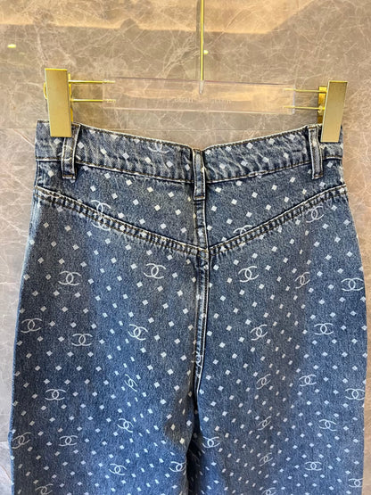 Chanel monogram denim pants with polka dot pattern