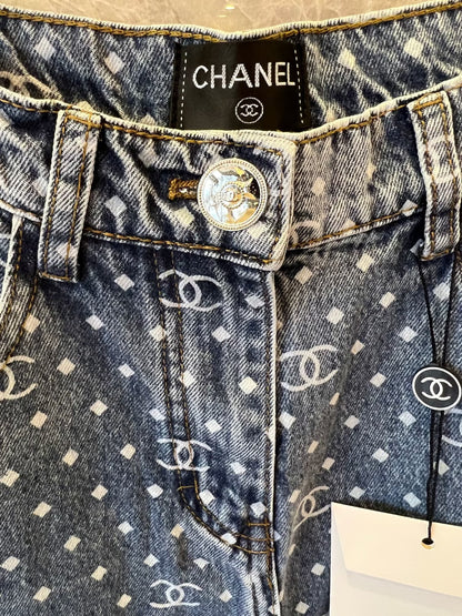 Chanel monogram denim pants with polka dot pattern