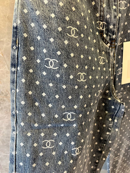 Chanel monogram denim pants with polka dot pattern