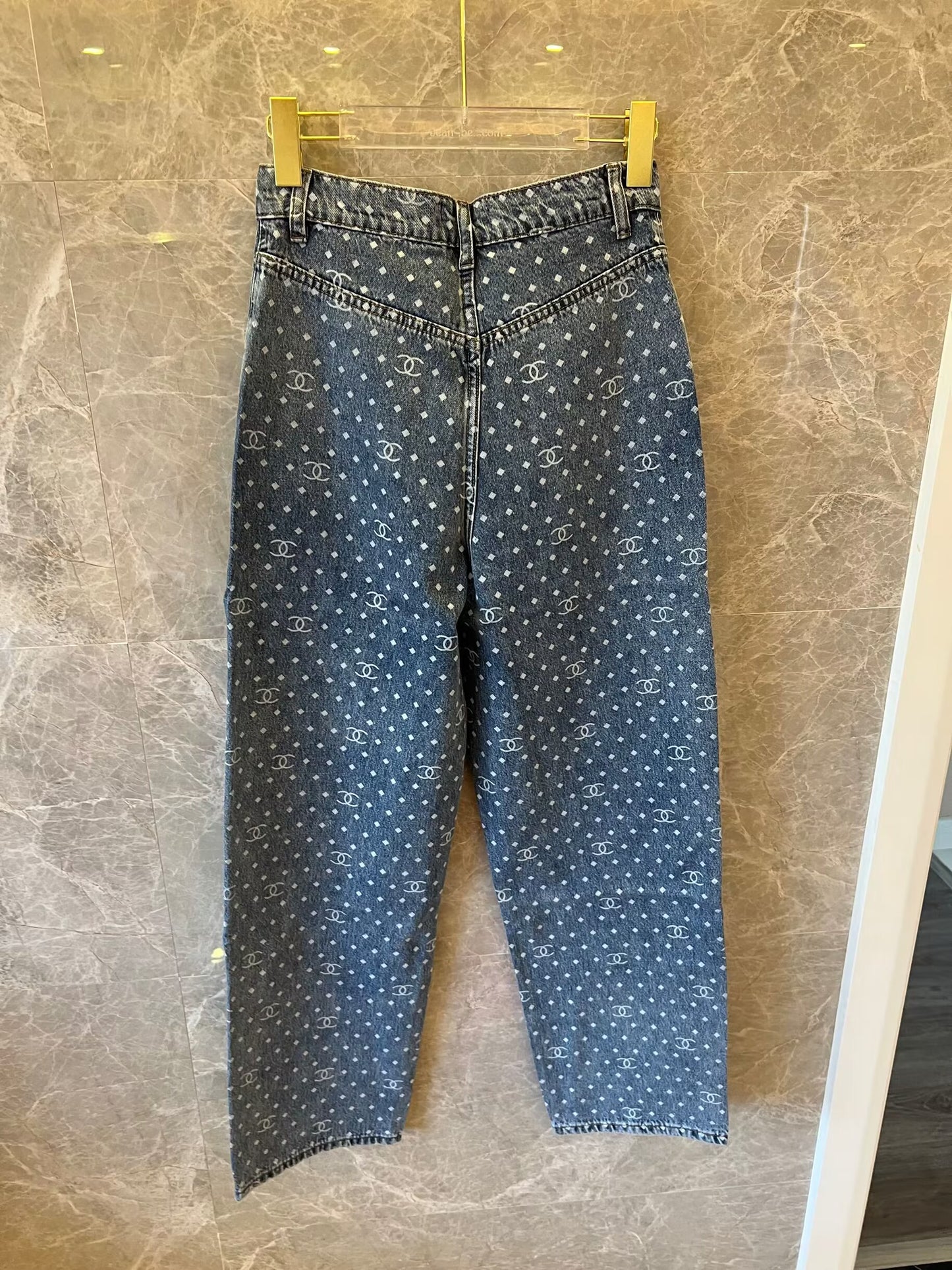 Chanel monogram denim pants with polka dot pattern