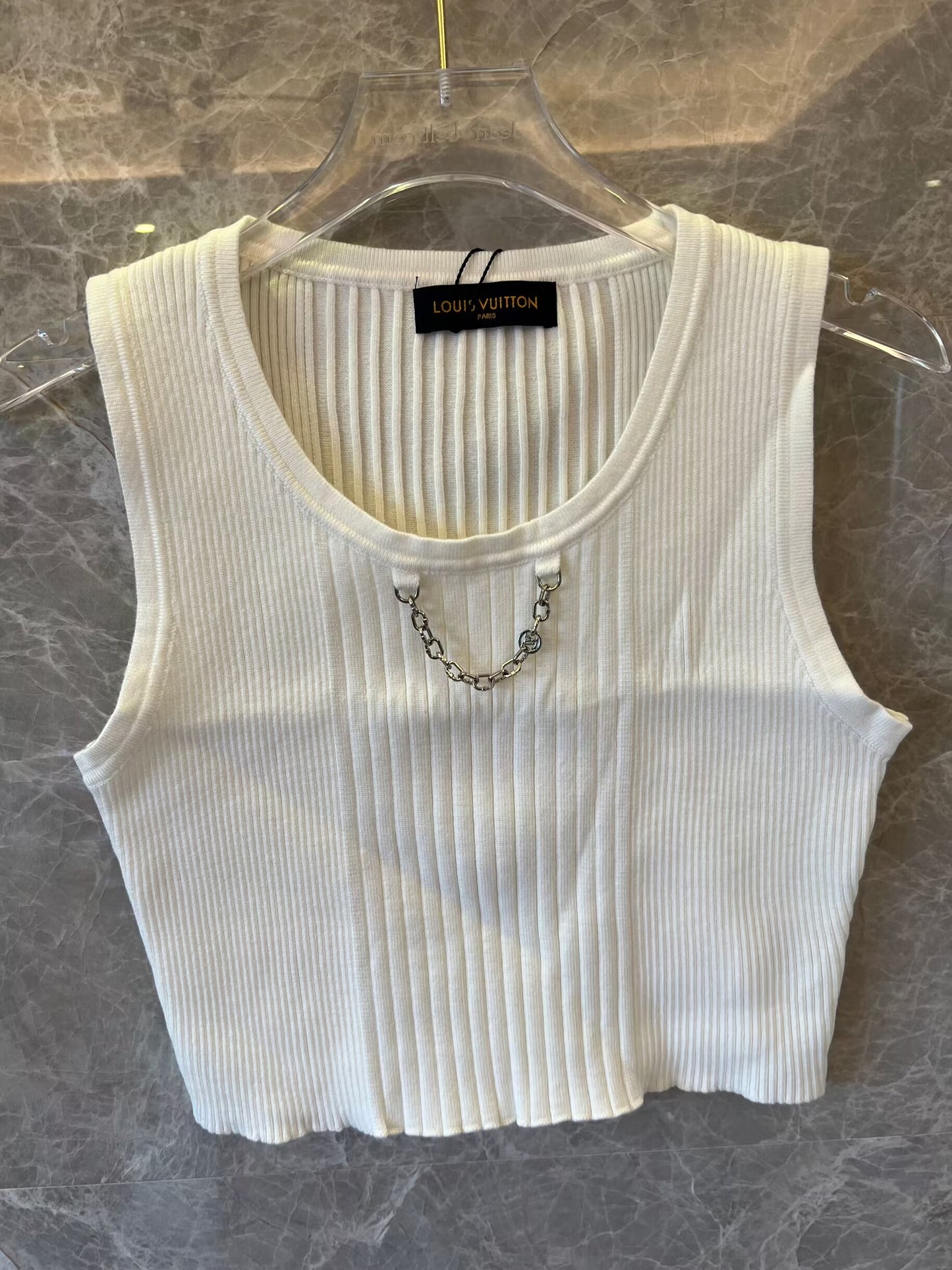 Louis Vuitton ribbed knit crop tops with chain detail - black and white