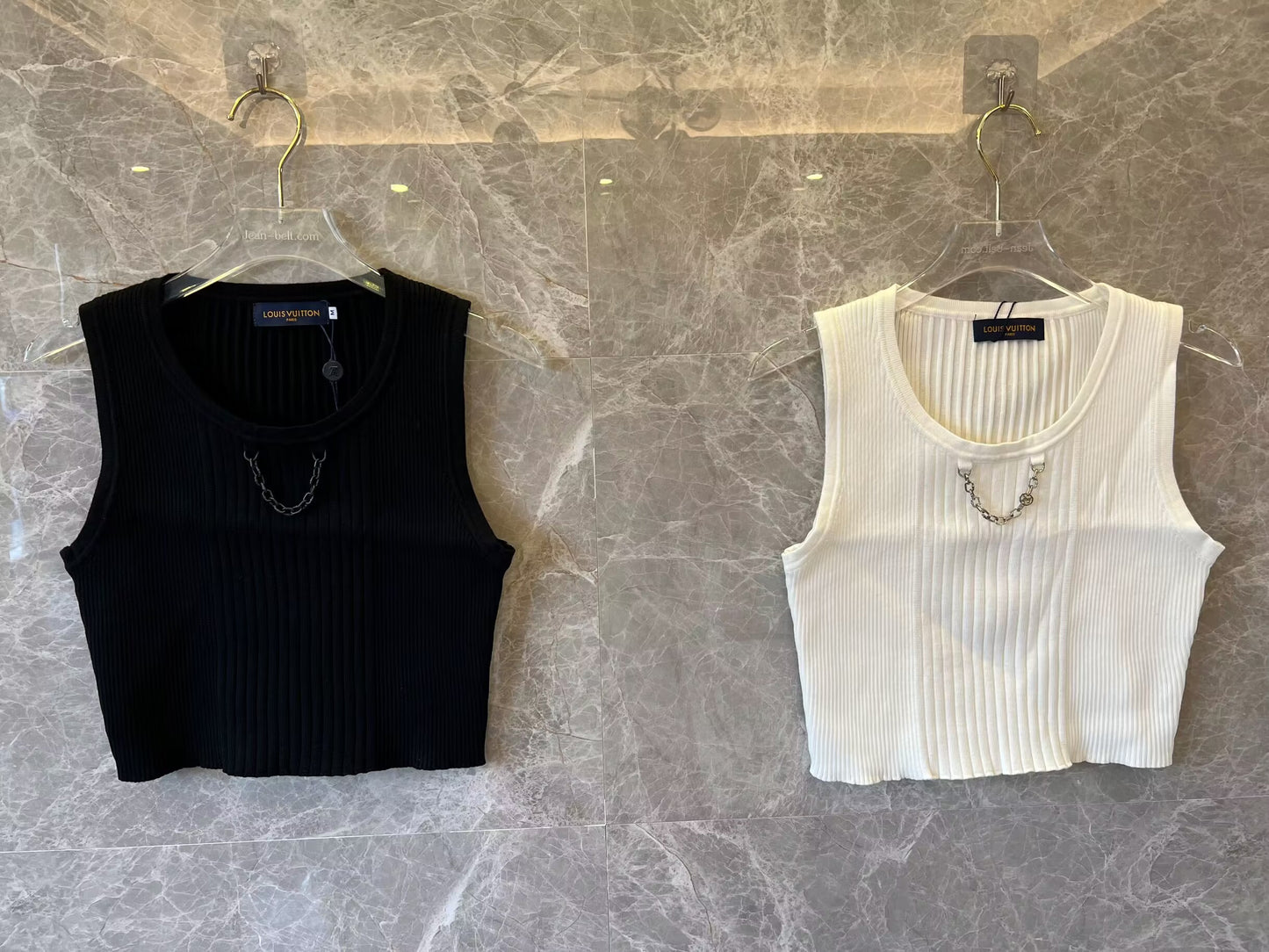 Louis Vuitton ribbed knit crop tops with chain detail - black and white