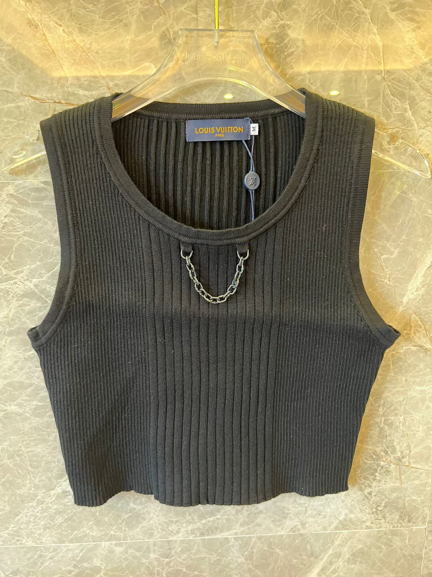 Louis Vuitton ribbed knit crop tops with chain detail - black and white