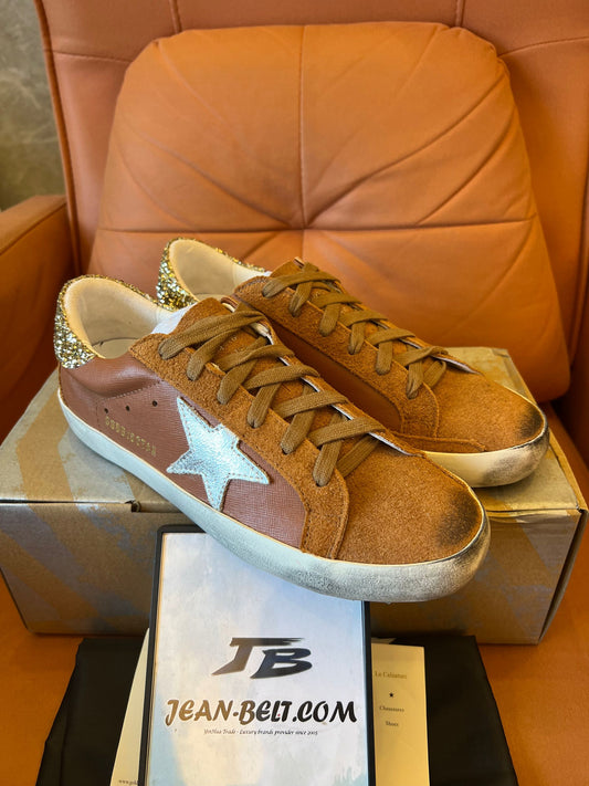 Golden Goose Superstar mixed leather low-top trainers in taupe