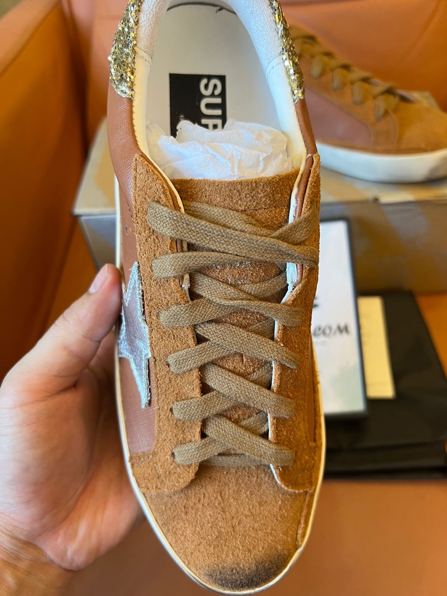 Golden Goose Superstar mixed leather low-top trainers in taupe