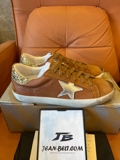 Golden Goose Superstar mixed leather low-top trainers in taupe