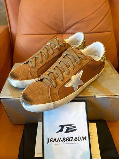 Golden Goose Superstar mixed leather low-top trainers in taupe