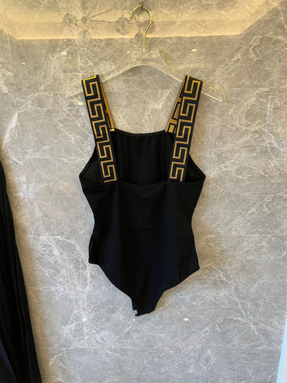 Versace greca trim black pleated skirt and bodysuit set