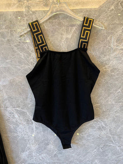 Versace greca trim black pleated skirt and bodysuit set