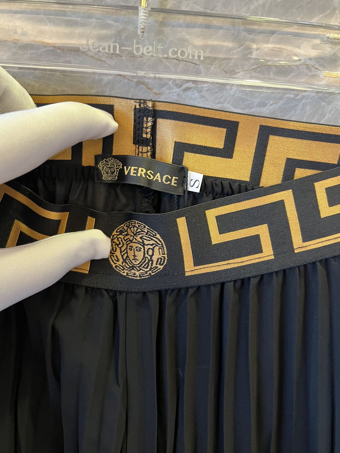 Versace greca trim black pleated skirt and bodysuit set