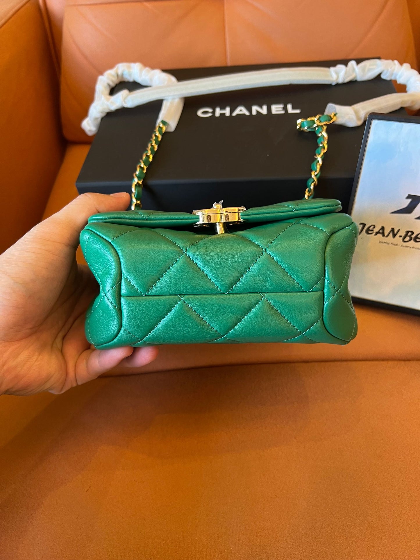 Chanel lambskin quilted mini  flap bag green