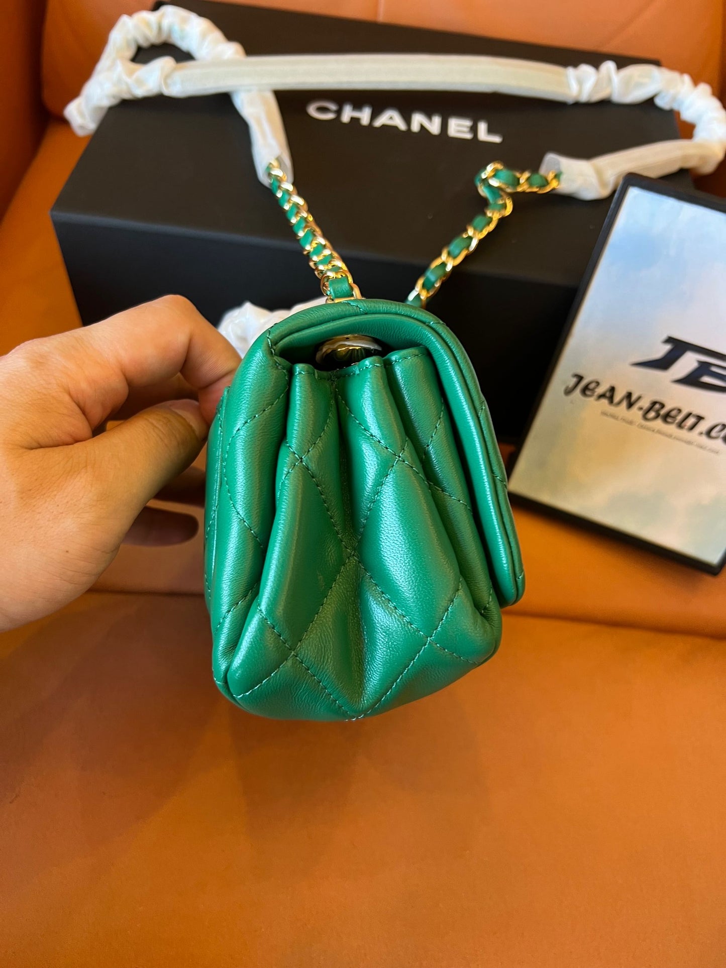 Chanel lambskin quilted mini  flap bag green