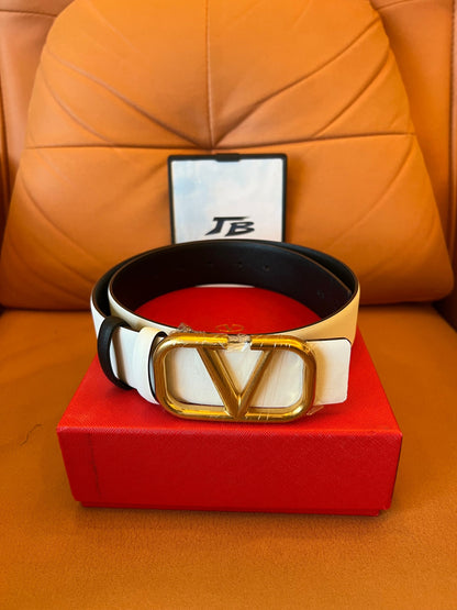 Valentino Garavani white leather belt with gold V logo buckle