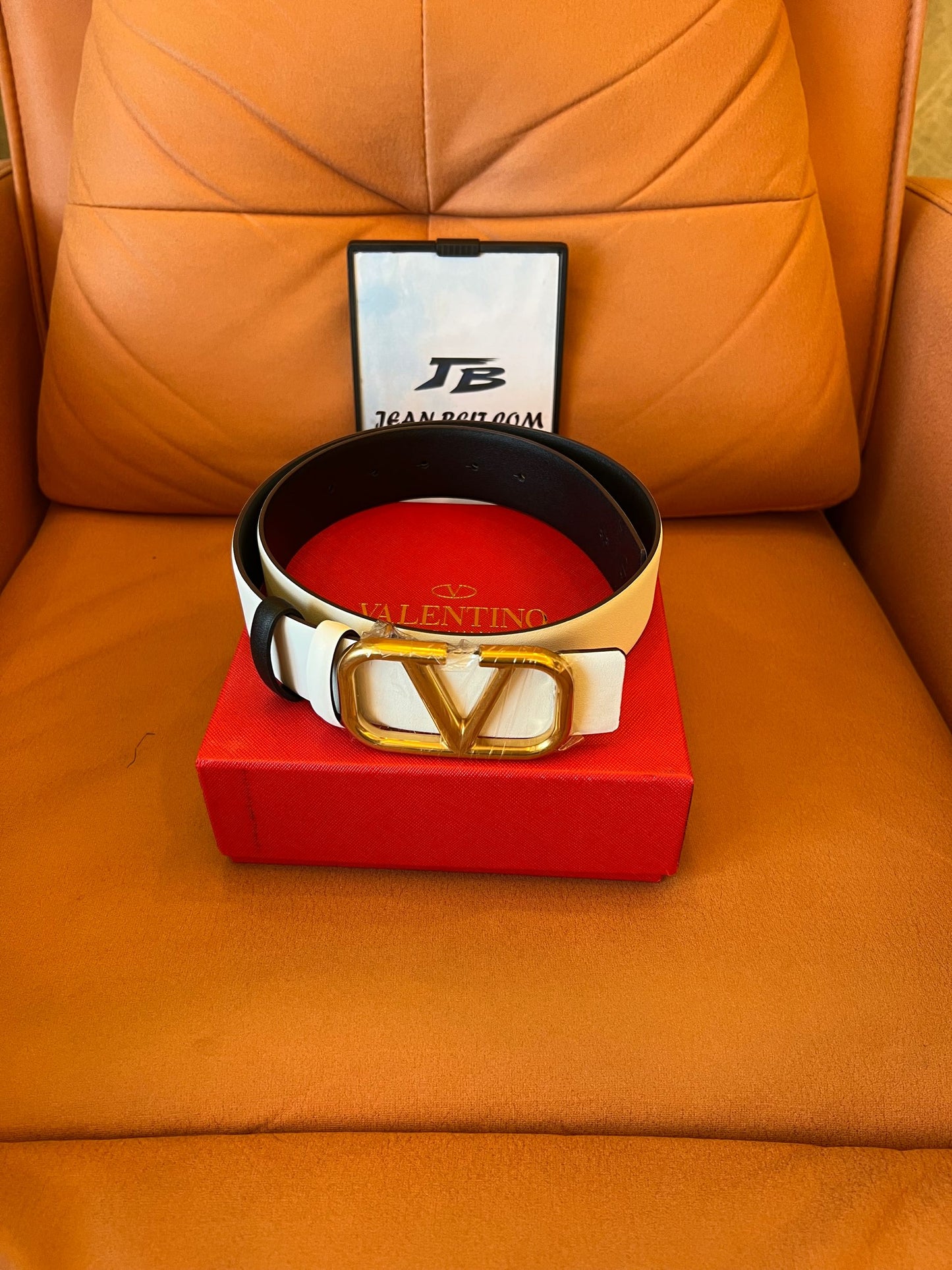 Valentino Garavani white leather belt with gold V logo buckle