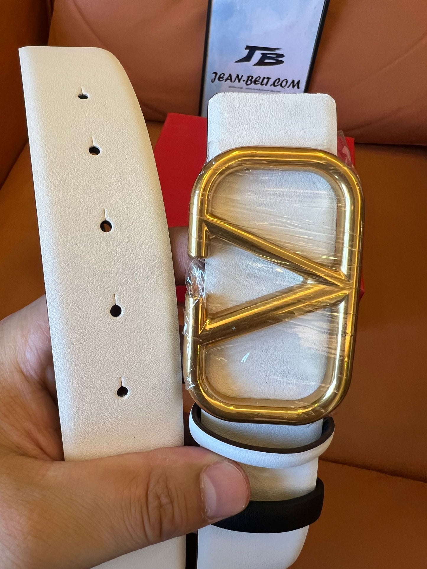 Valentino Garavani white leather belt with gold V logo buckle