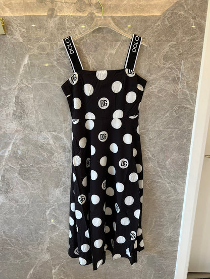 Dolce & Gabbana black polka dot midi dress with logo straps