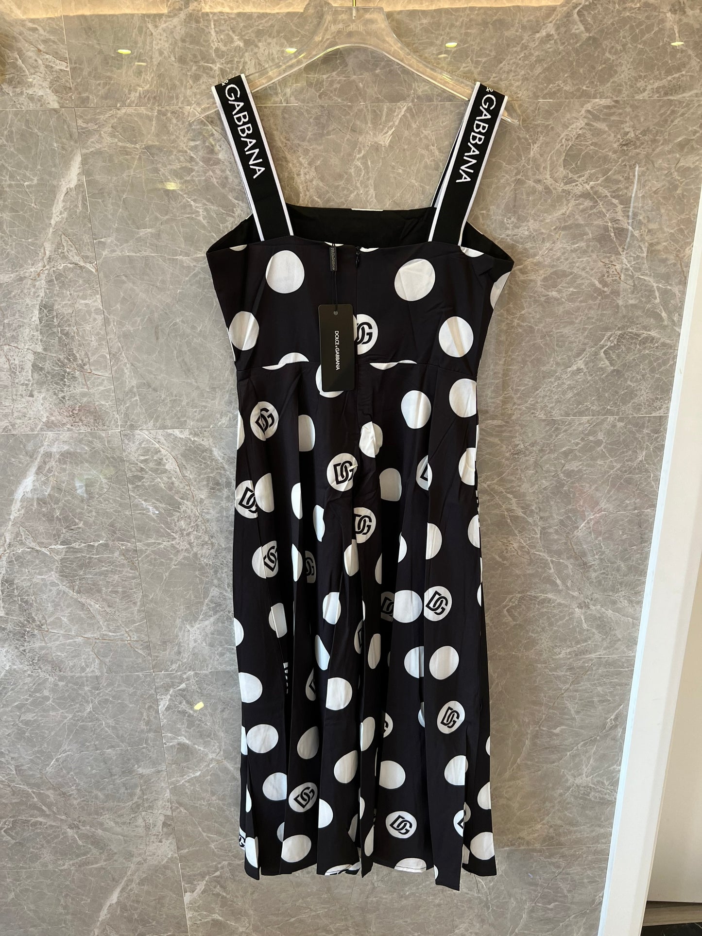 Dolce & Gabbana black polka dot midi dress with logo straps