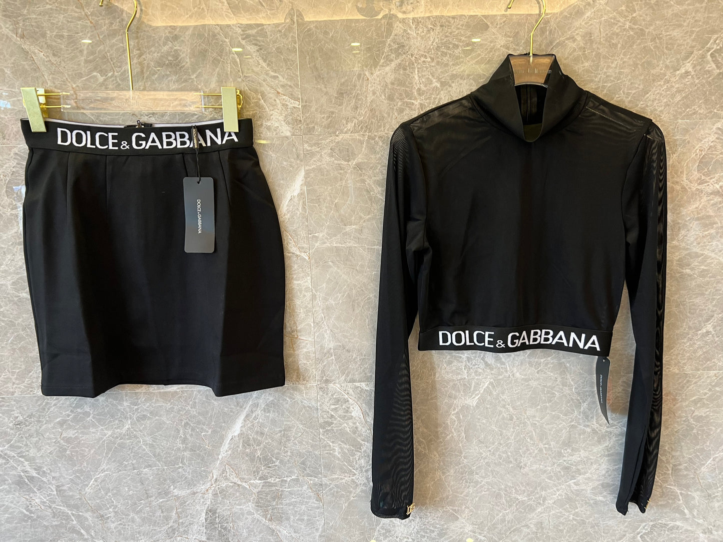 Dolce & Gabbana black logo waistband crop top and skirt set