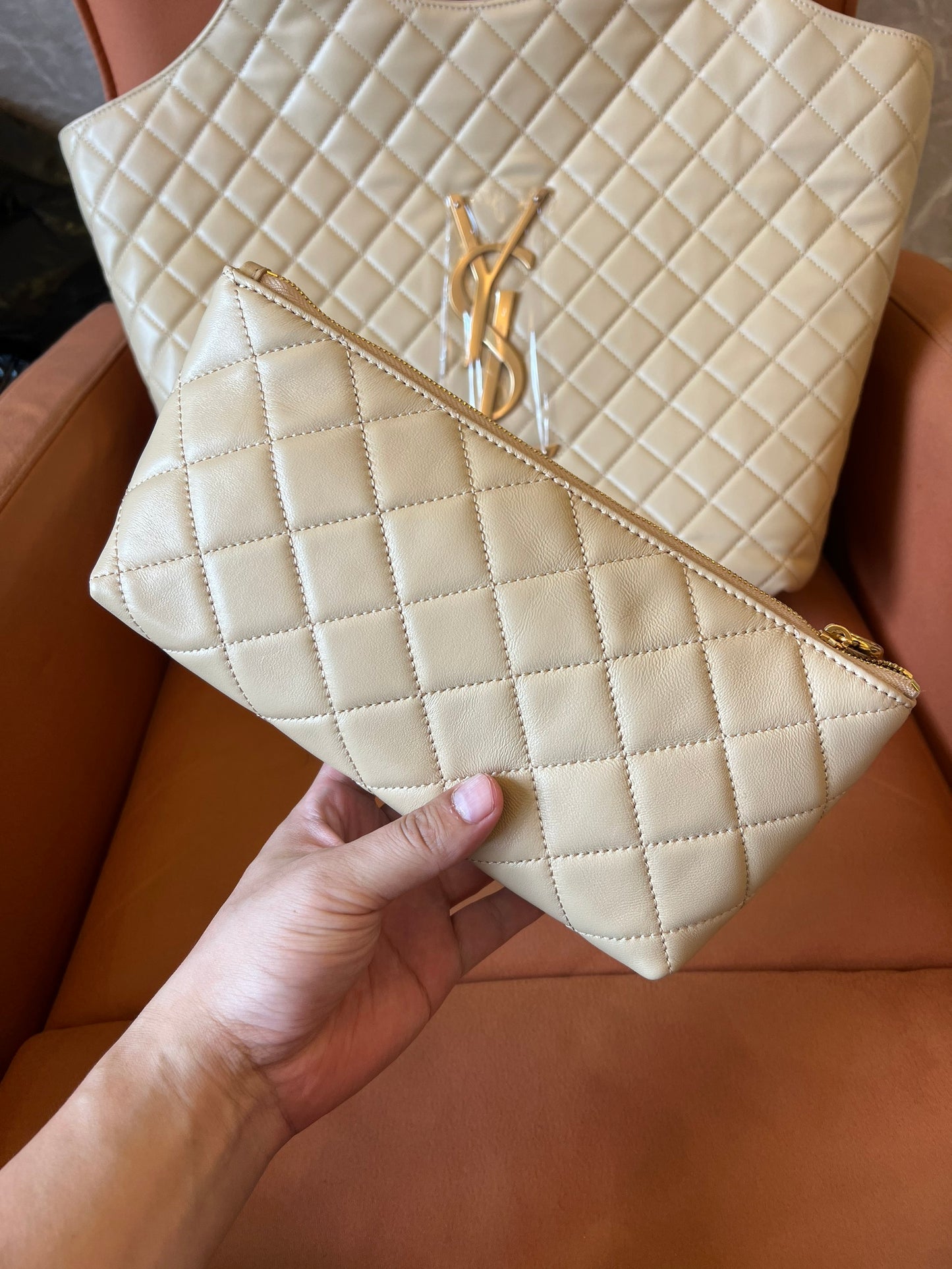 Saint Laurent beige quilted leather maxi icare shopping tote