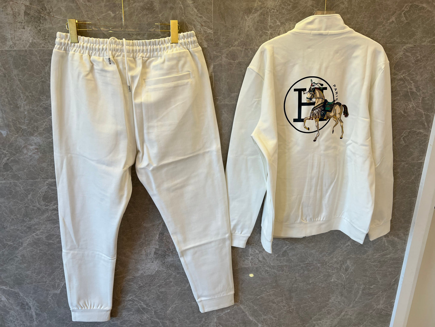 Hermès embroidered horse motif tracksuit in white