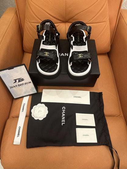 Chanel lambskin logo platform sandals black white