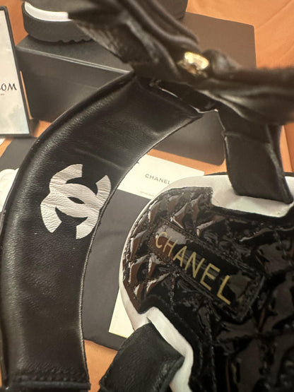 Chanel lambskin logo platform sandals black white