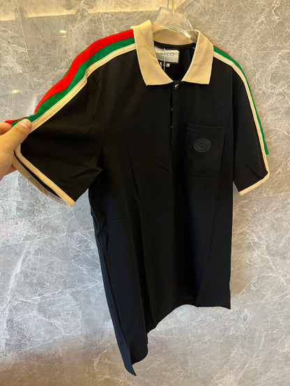 Gucci black polo shirt with iconic web stripes