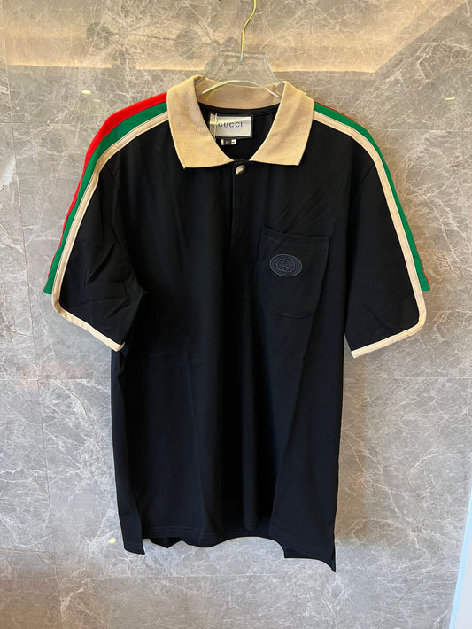 Gucci black polo shirt with iconic web stripes