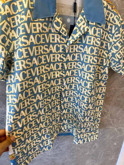 Versace blue polka dot baroque short-sleeve button-up shirt