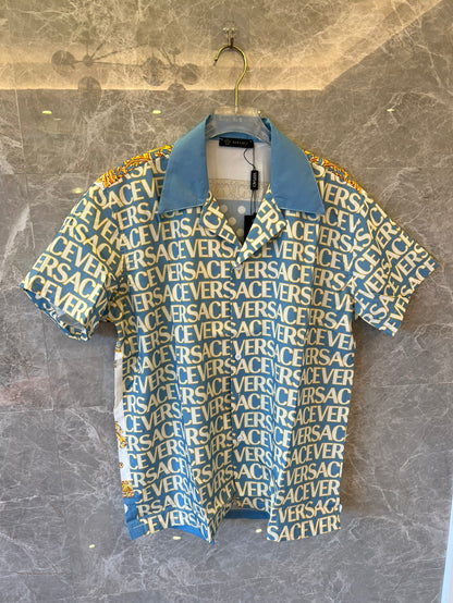 Versace blue polka dot baroque short-sleeve button-up shirt