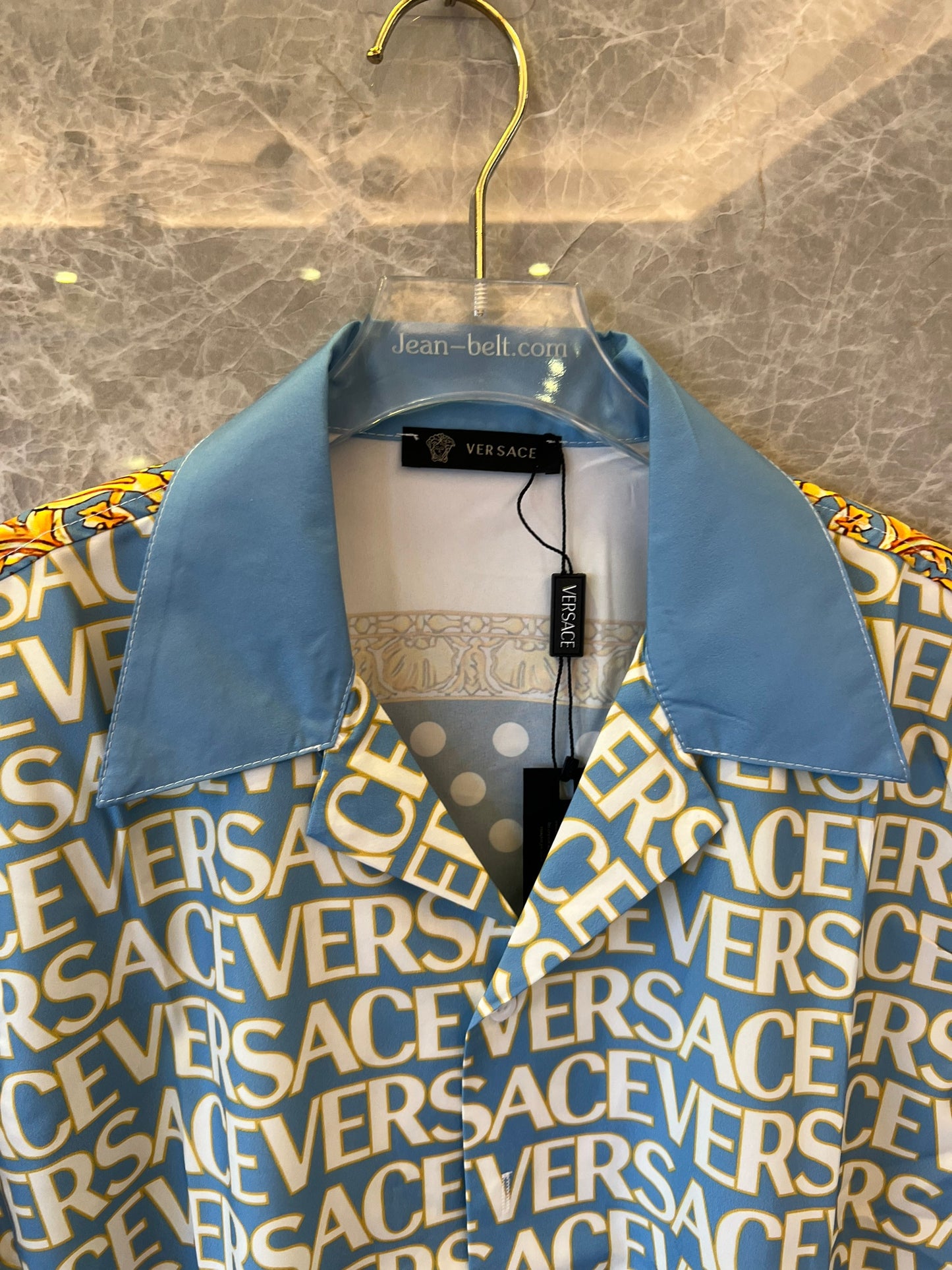 Versace blue polka dot baroque short-sleeve button-up shirt