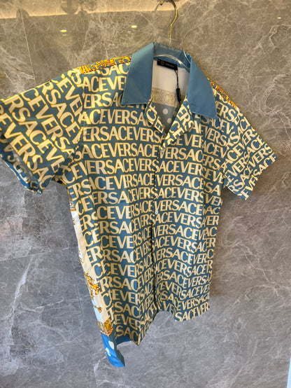 Versace blue polka dot baroque short-sleeve button-up shirt