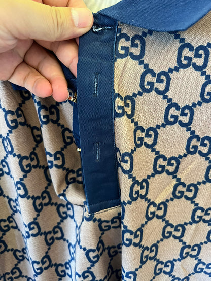 Gucci monogram beige and navy blue polo shirt with GG pattern